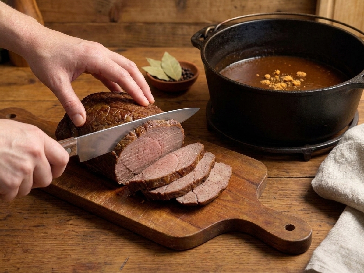 A rested sauerbraten roast being sliced on a wooden cutting board with a Dutch oven of gravy nearby