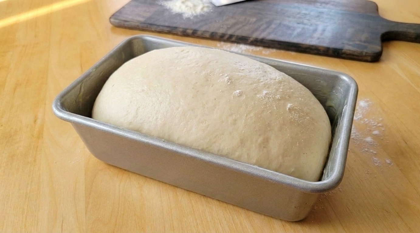 A risen loaf of dough domed slightly above the rim of a greased loaf pan