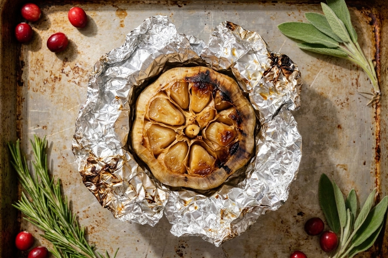 A roasted head of garlic in crinkled foil on a baking sheet, cloves soft and golden