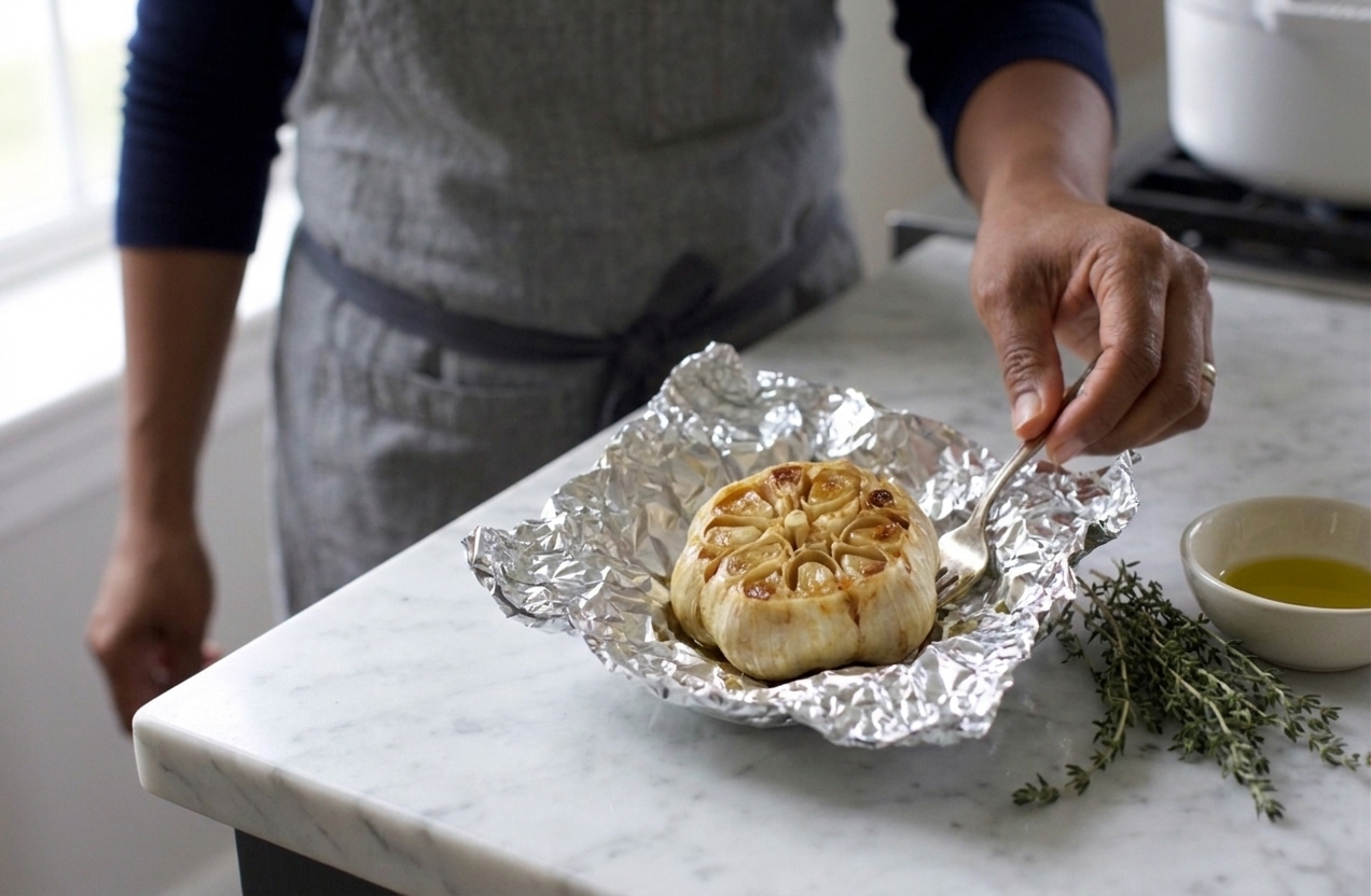 A roasted head of garlic resting in crinkled foil with golden cloves exposed