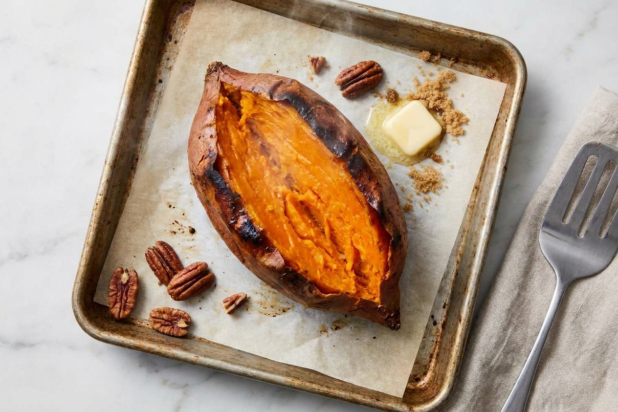 A roasted sweet potato split open on a baking sheet, showing soft orange flesh and caramelized edges