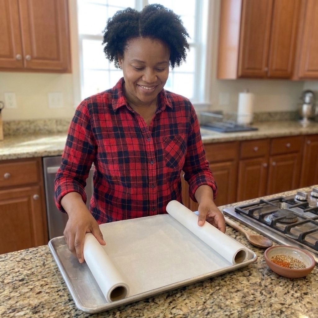 A roll of parchment paper being unrolled onto a rimmed sheet pan on a clean kitchen counter