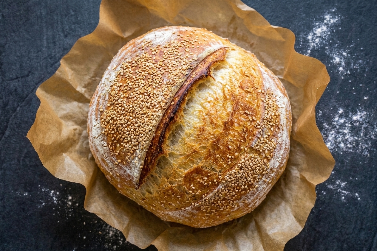 A round artisan loaf with sesame seeds on the crust sitting on parchment paper