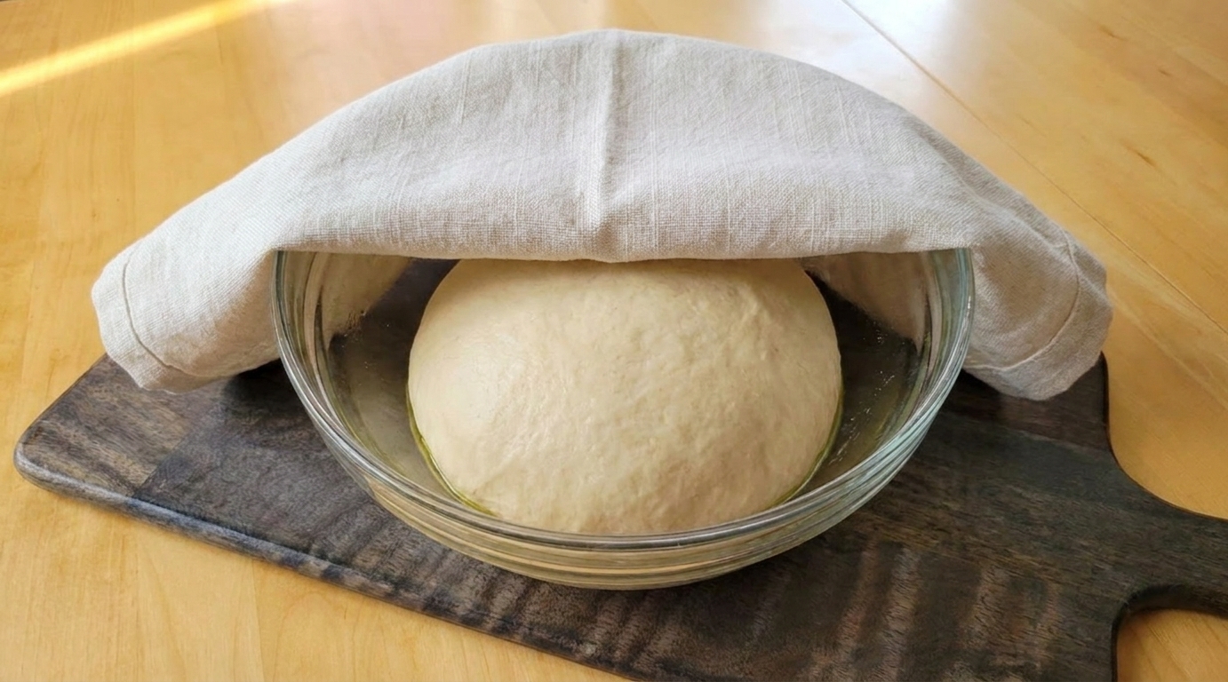 A round ball of bread dough rising in an oiled bowl, covered with a clean kitchen towel