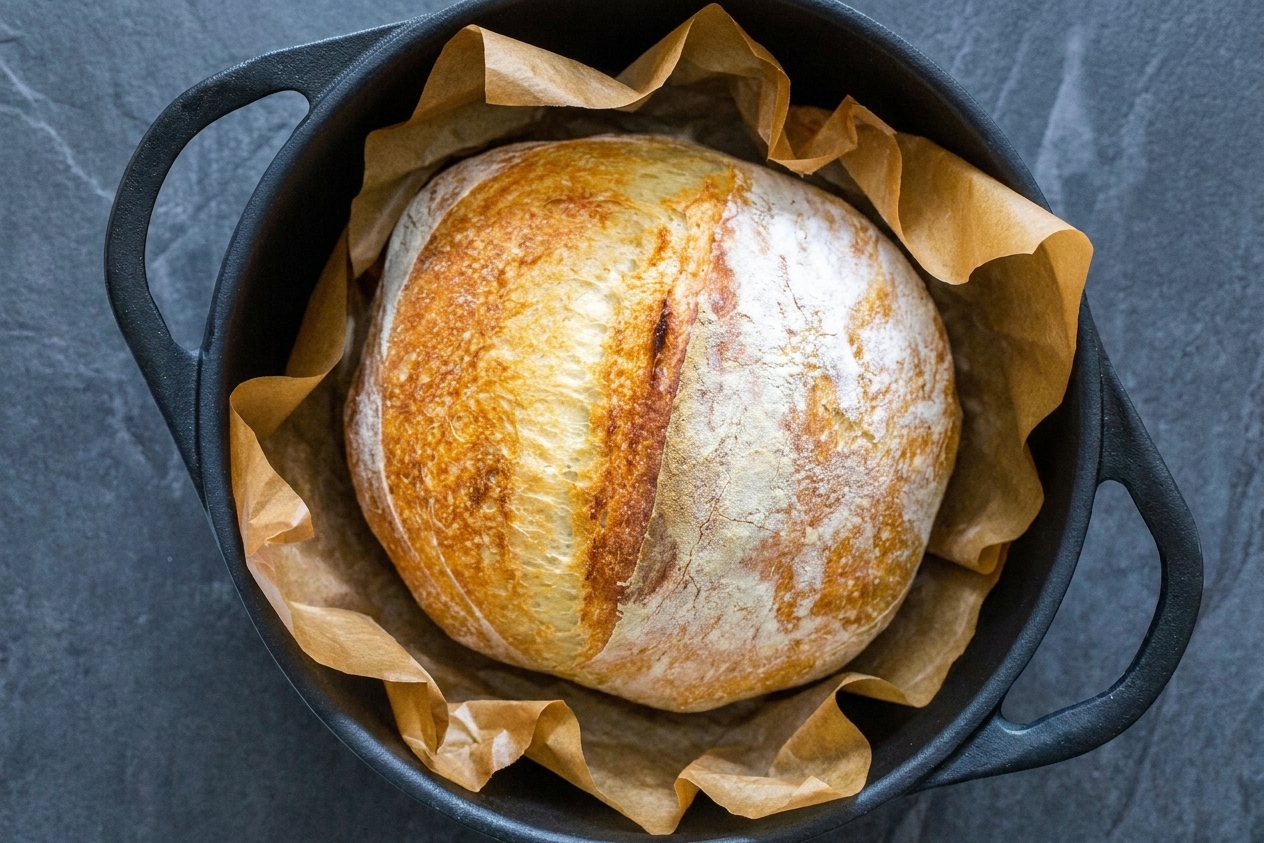 A round loaf in a Dutch oven on parchment paper with a single slash scored across the top