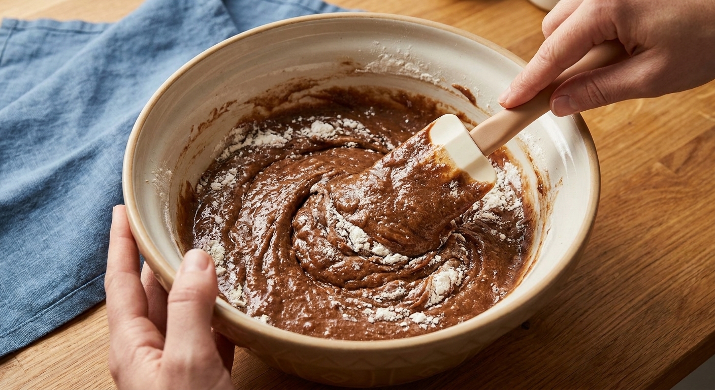 A rubber spatula folding thick banana bread batter in a mixing bowl, with flour just being incorporated