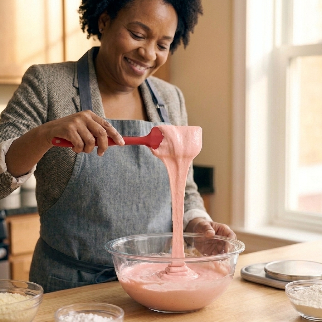 A rubber spatula lifting macaron batter that falls in a thick ribbon back into a mixing bowl