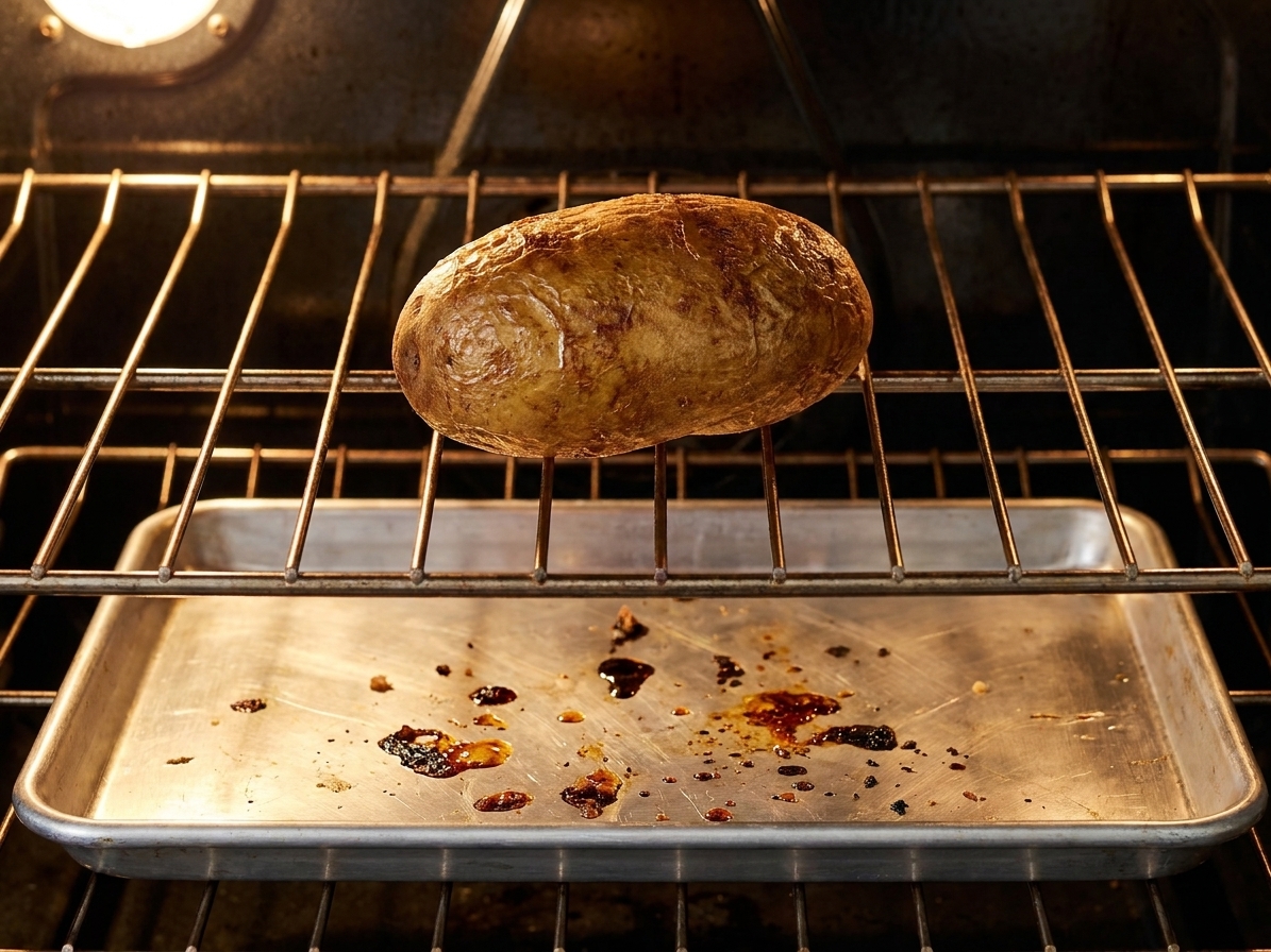 A russet potato baking directly on the oven rack with a sheet pan on the rack below to catch any drips