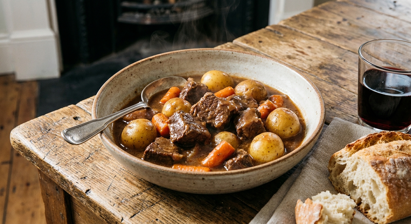 A rustic bowl of crock pot beef stew with tender beef chunks, potatoes, carrots, and rich brown gravy, sitting on a wooden table with a spoon
