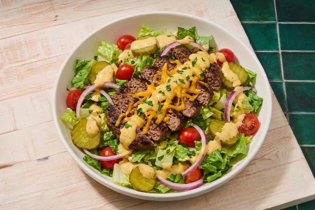 A salad bowl with a sliced burger patty, cheddar, pickles, tomato, and creamy sauce drizzled on top