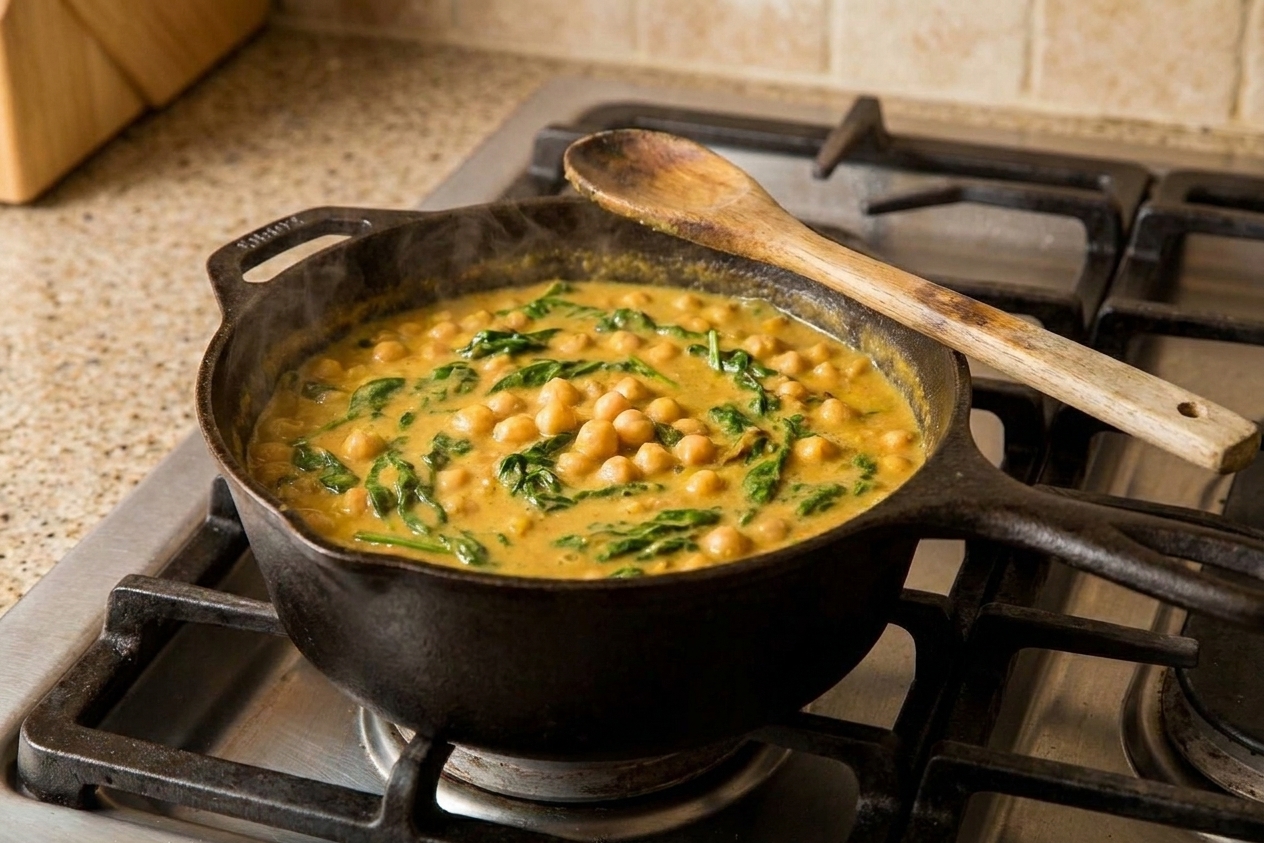 A saucepan of creamy chickpea curry simmering with visible chickpeas and greens, with a spoon resting on the rim