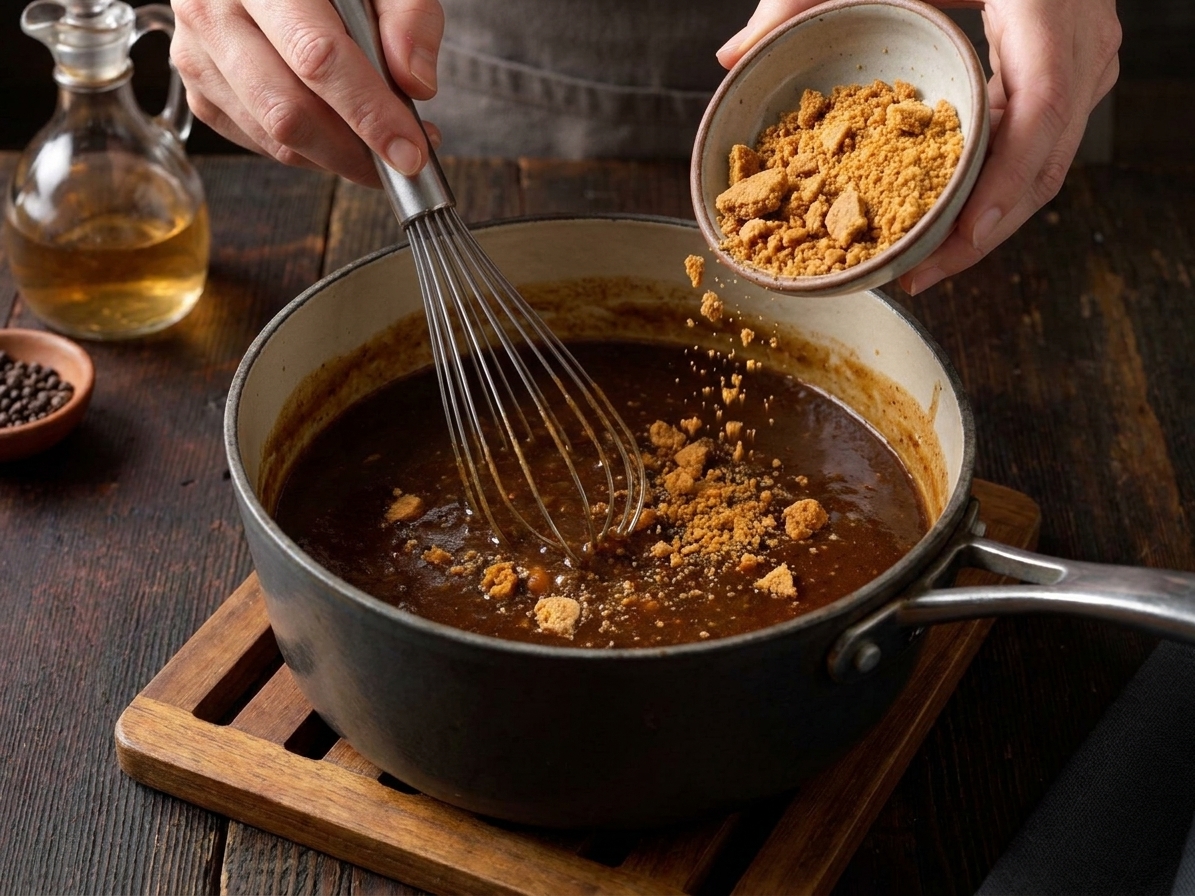 A saucepan of dark sauerbraten gravy being whisked as crushed gingersnaps thicken it