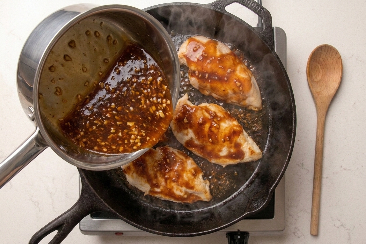 A saucepan of tangy-sweet sauce being poured into a hot skillet on a stovetop, with a wooden spoon nearby
