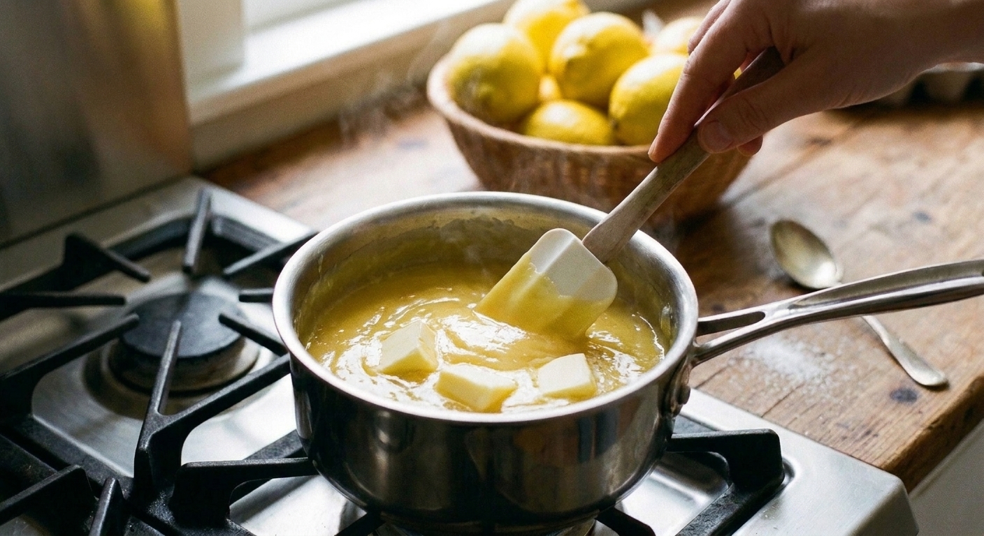 A saucepan of thickened lemon curd being stirred with a spatula as cubes of butter melt into the mixture