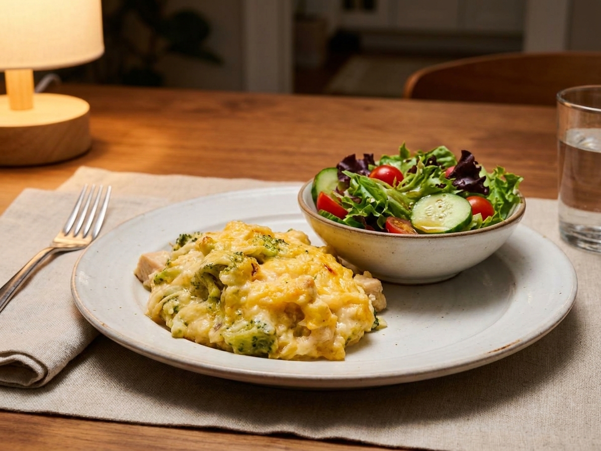 A scoop of broccoli rice casserole with chicken on a plate beside a simple green salad on a cozy dinner table