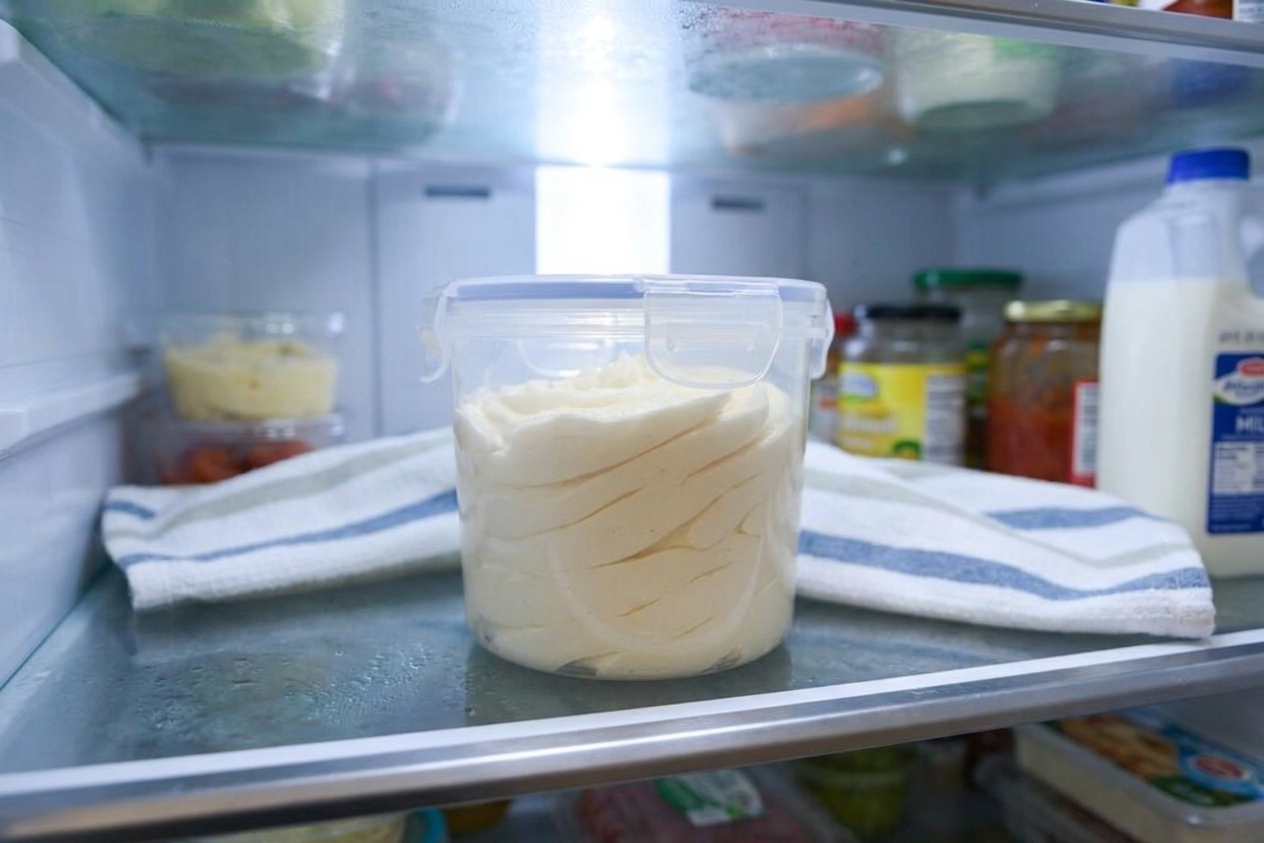 A sealed airtight container filled with vanilla buttercream frosting resting on a refrigerator shelf