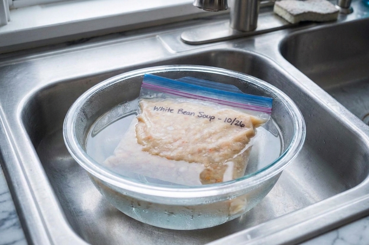 A sealed freezer bag of soup submerged in a bowl of cold water in a sink, thawing safely