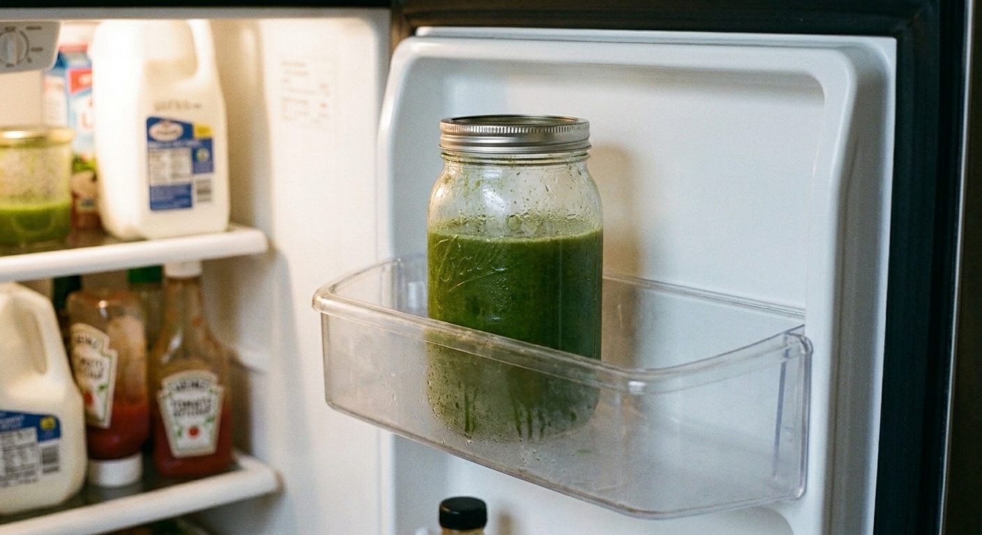 A sealed glass jar of green juice sitting in the refrigerator door shelf, with condensation on the jar