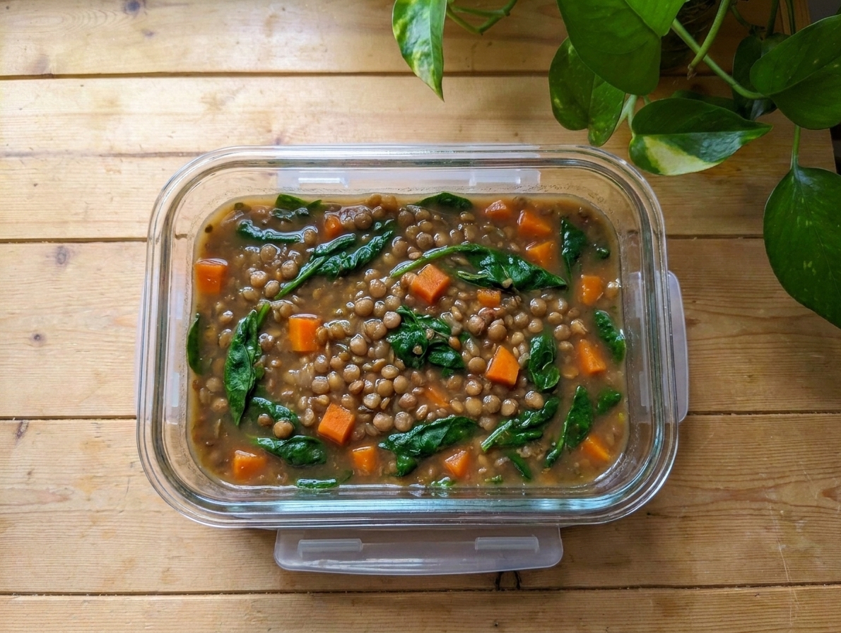 A sealed glass meal prep container filled with lentil vegetable soup with carrots and spinach