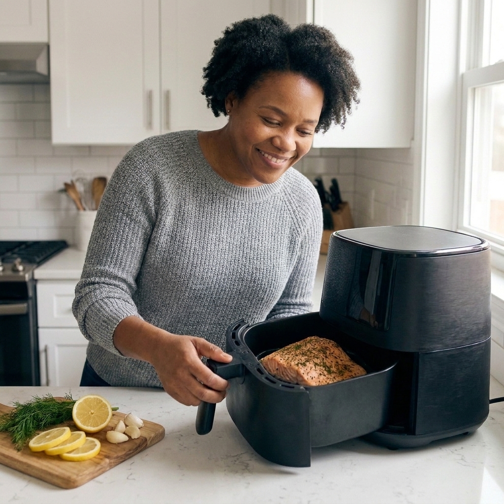 A seasoned salmon fillet resting in an air fryer basket with lemon slices nearby on a cutting board