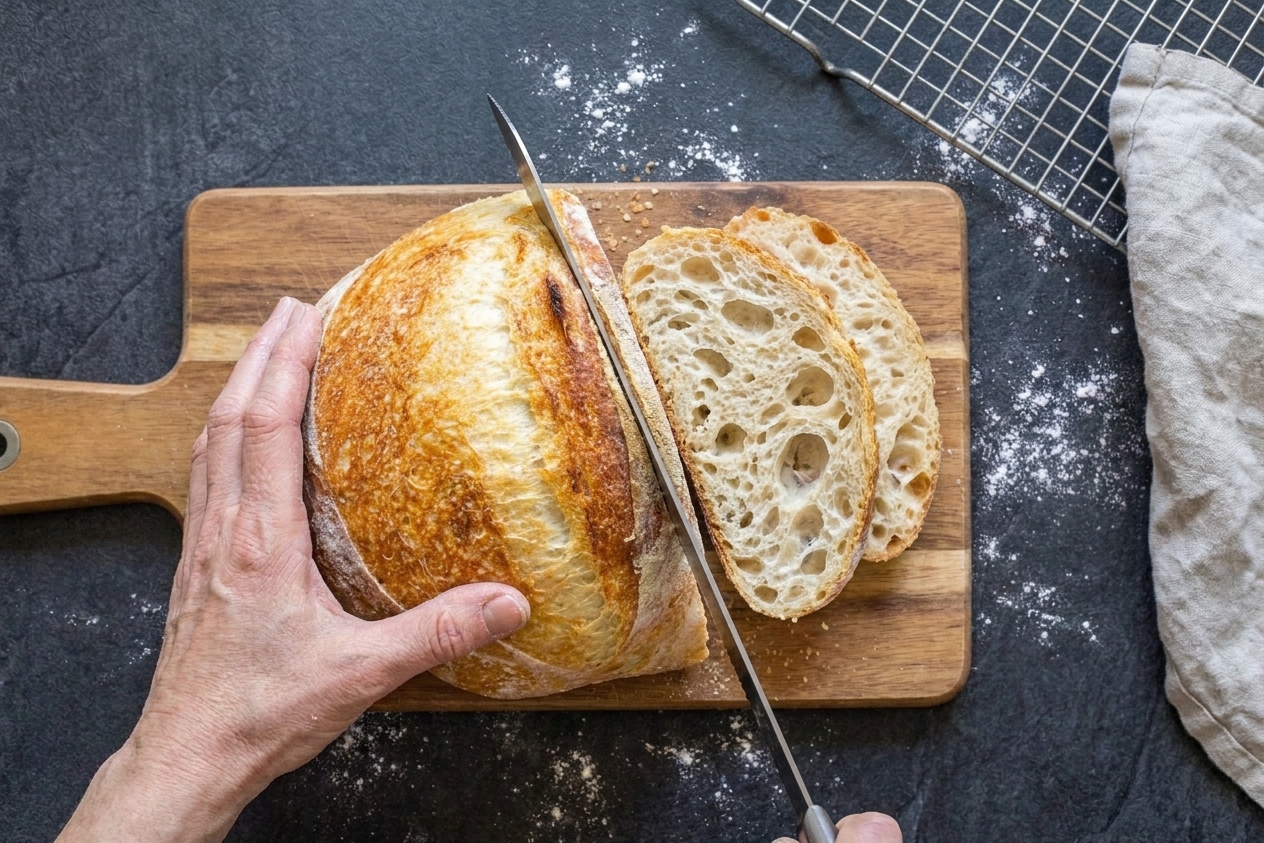 A serrated knife slicing into a cooled crusty loaf, showing an airy crumb with irregular holes