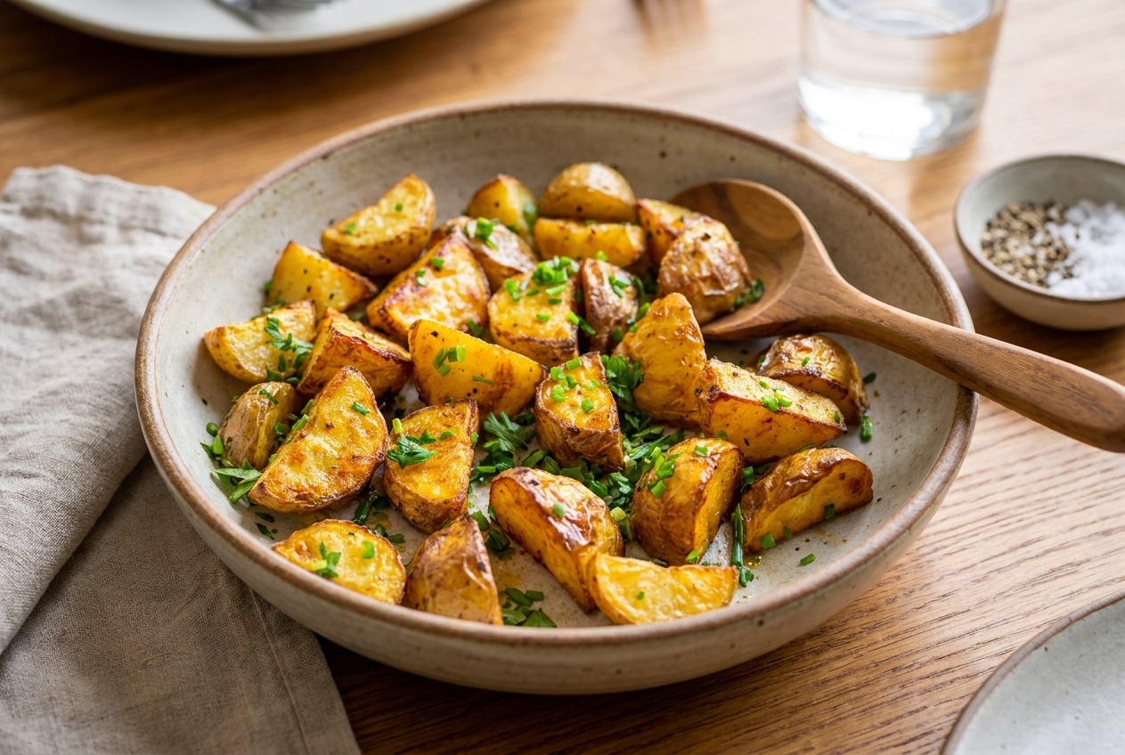 A serving bowl filled with crispy roasted potatoes topped with chopped parsley on a dinner table