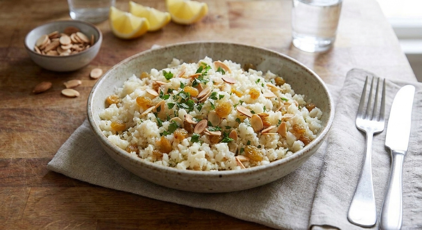 A serving bowl of cauliflower rice garnished with herbs and toasted almonds on a dinner table with linen napkins