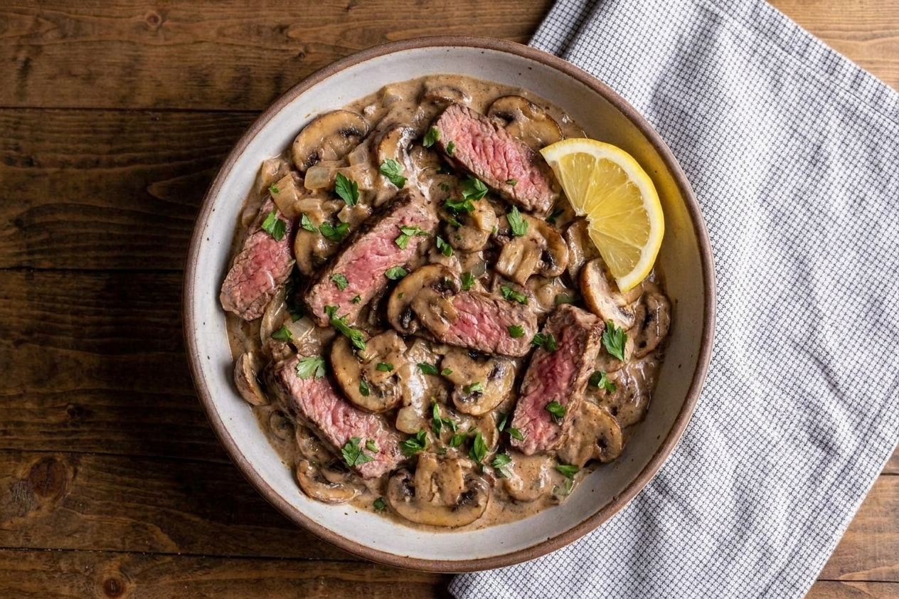 A serving bowl of chilled steak stroganoff with mushrooms, herbs, and a lemon wedge on the side