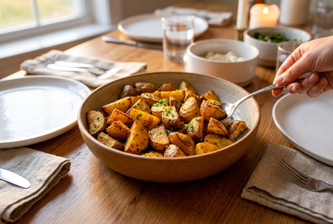 A serving bowl of crispy roasted potatoes on a dinner table with simple plates, linen napkins, and soft evening light