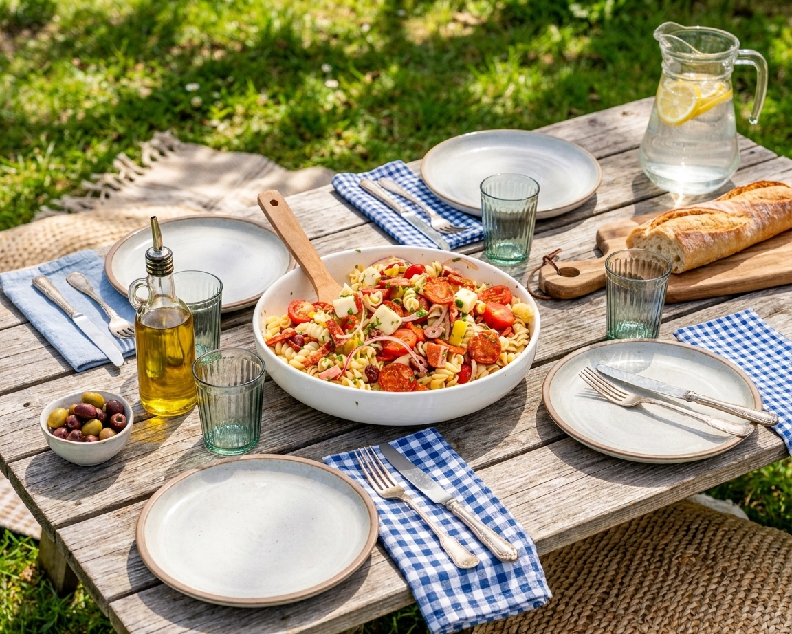 A serving bowl of fresh pasta salad on an outdoor table set for a picnic with plates and cutlery nearby