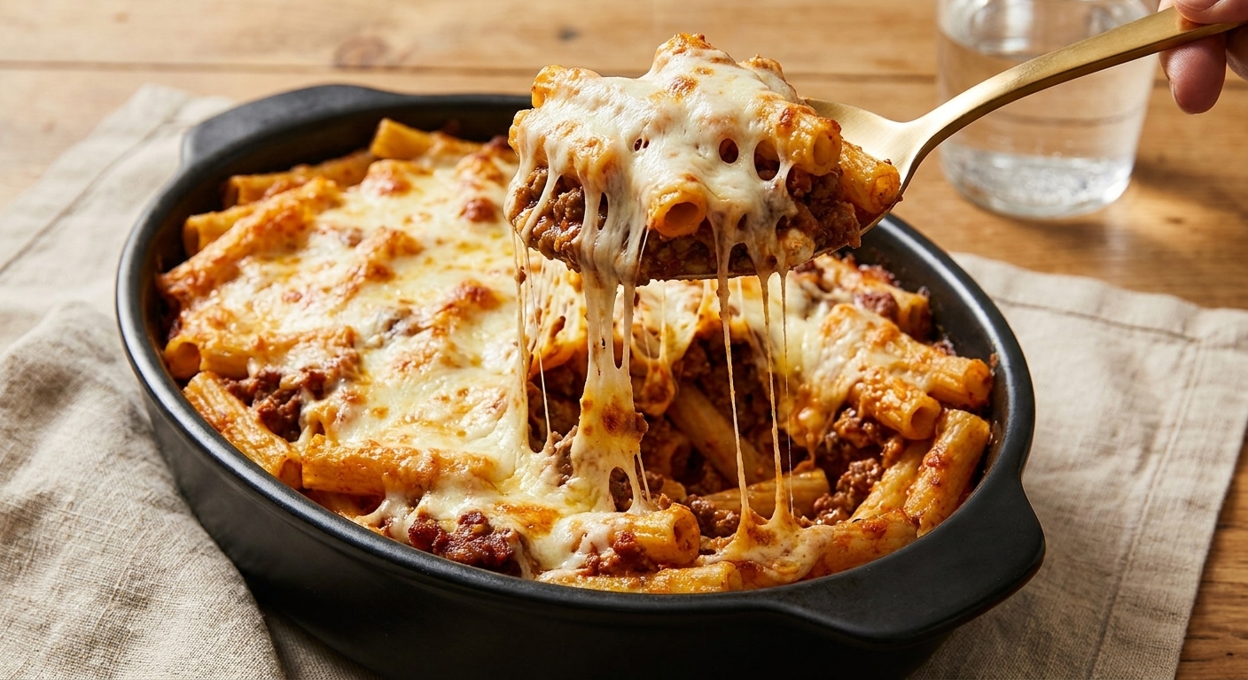 A serving spoon lifting a cheesy portion of baked ziti from the casserole dish, with stretchy mozzarella and visible pasta