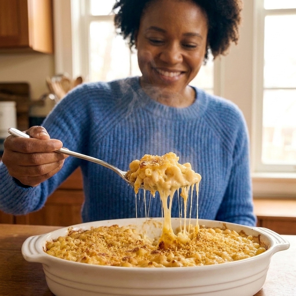 A serving spoon lifting a creamy portion of baked mac and cheese from a casserole dish