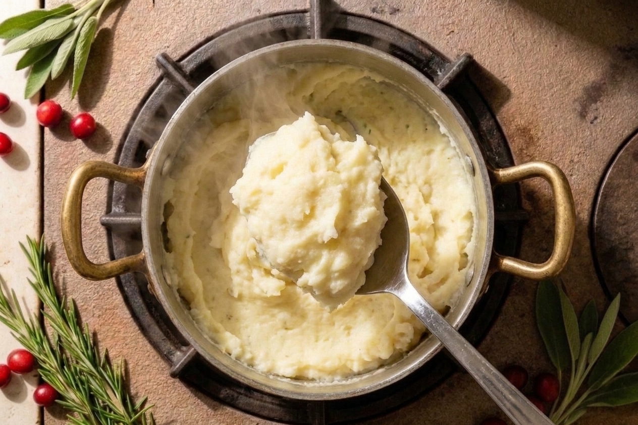 A serving spoon lifting a fluffy scoop of mashed potatoes from a pot with steam rising