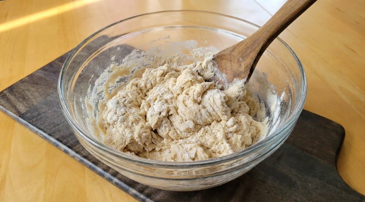 A shaggy bread dough being stirred with a wooden spoon in a large mixing bowl