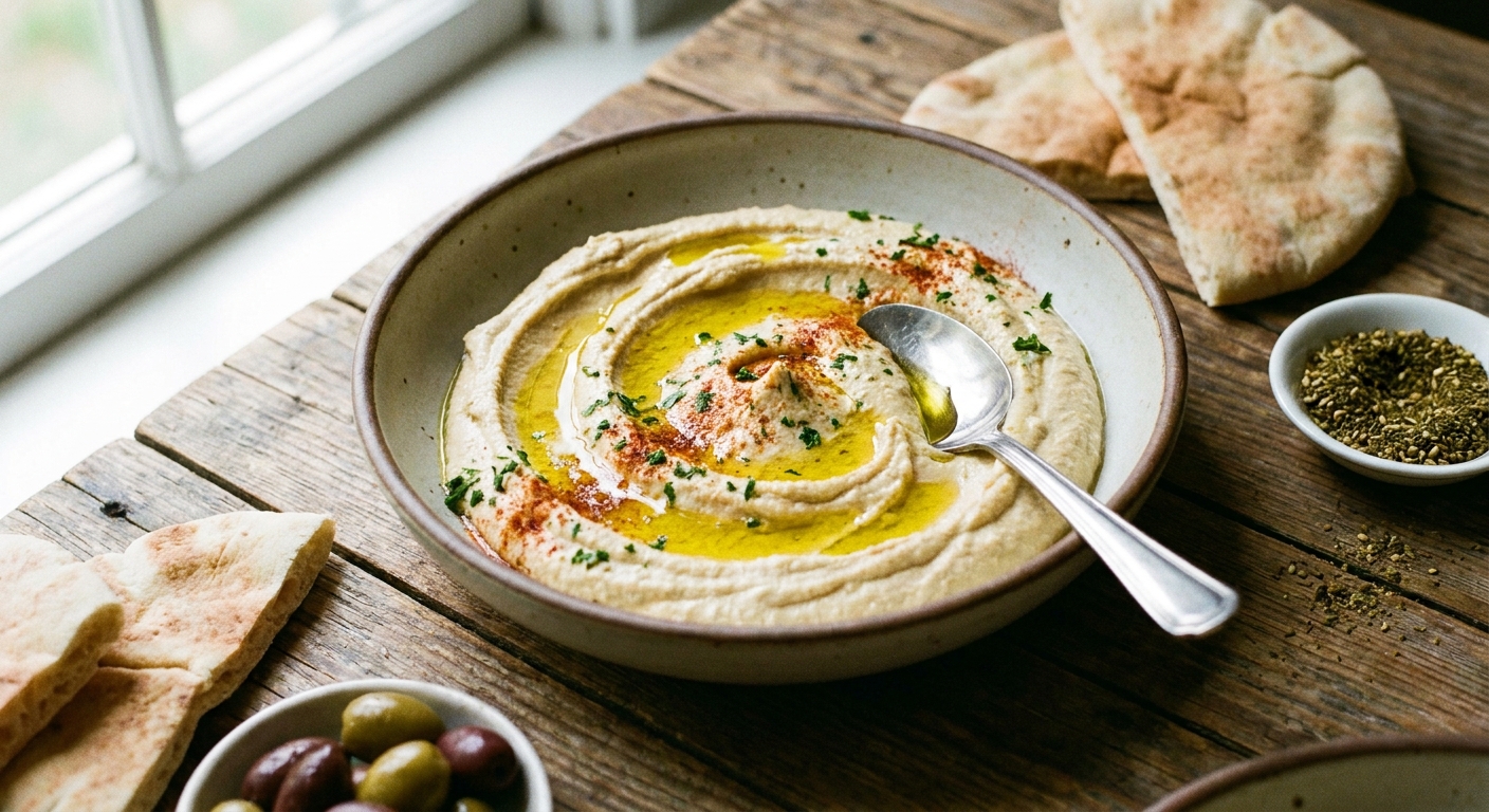 A shallow bowl of creamy hummus swirled with a spoon, topped with a drizzle of olive oil and a sprinkle of paprika on a wooden table