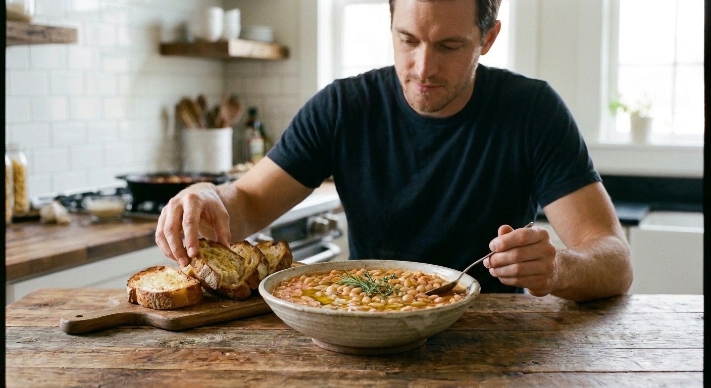 A shallow bowl of creamy tomato-braised white beans with olive oil drizzled on top, served with toasted bread