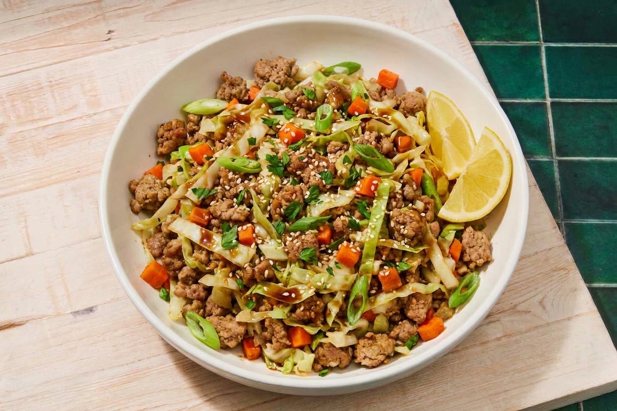 A shallow bowl of egg roll in a bowl with ground meat, cabbage, and sliced green onions
