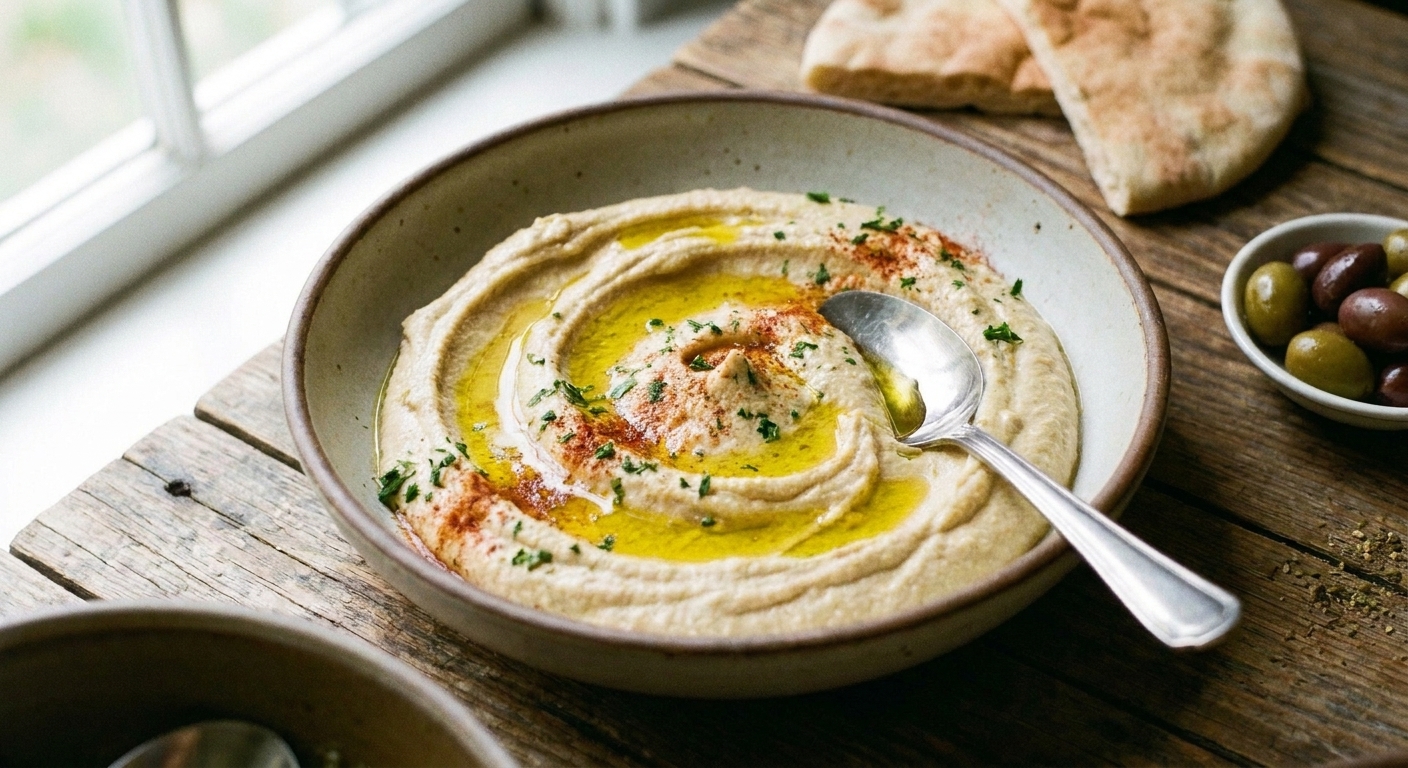 A shallow bowl of hummus swirled into a spiral and finished with a drizzle of olive oil