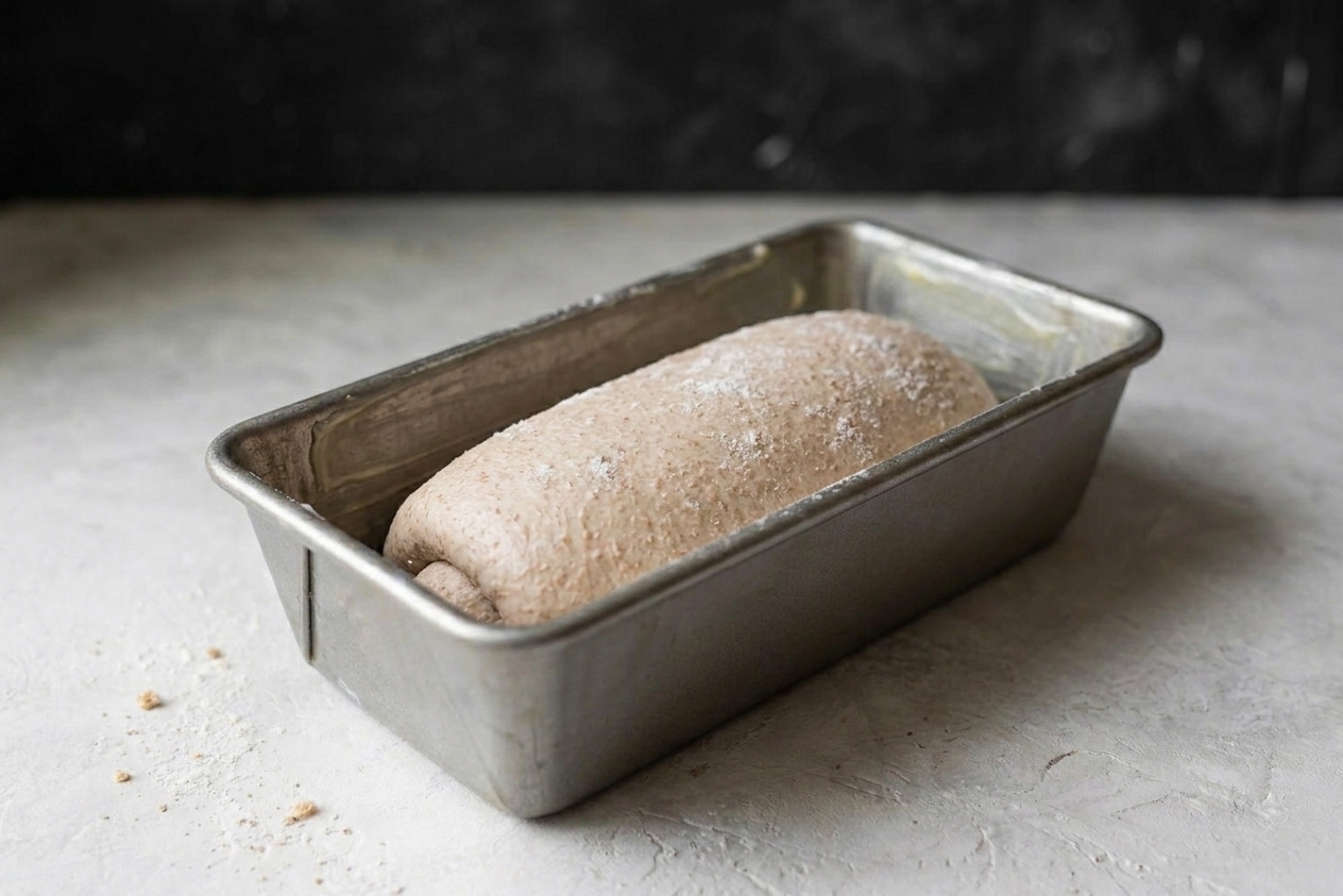 A shaped wheat dough log sitting snugly in a greased loaf pan, ready for the second rise