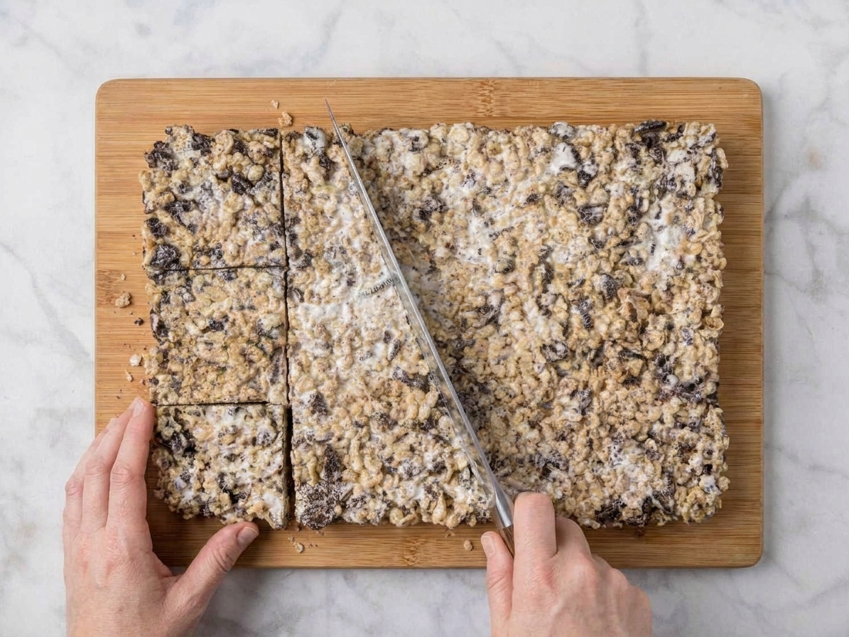 A sharp knife slicing cooled Rice Krispie treats into even squares on a cutting board