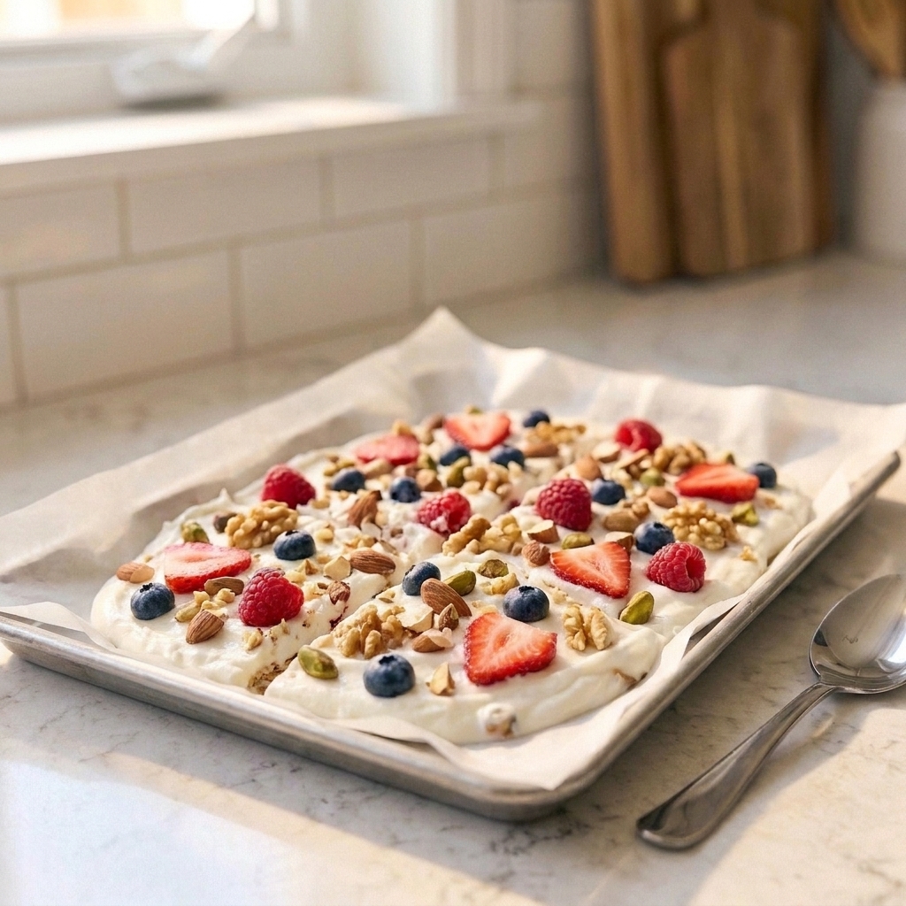 A sheet of frozen yogurt bark studded with berries and chopped nuts on parchment paper