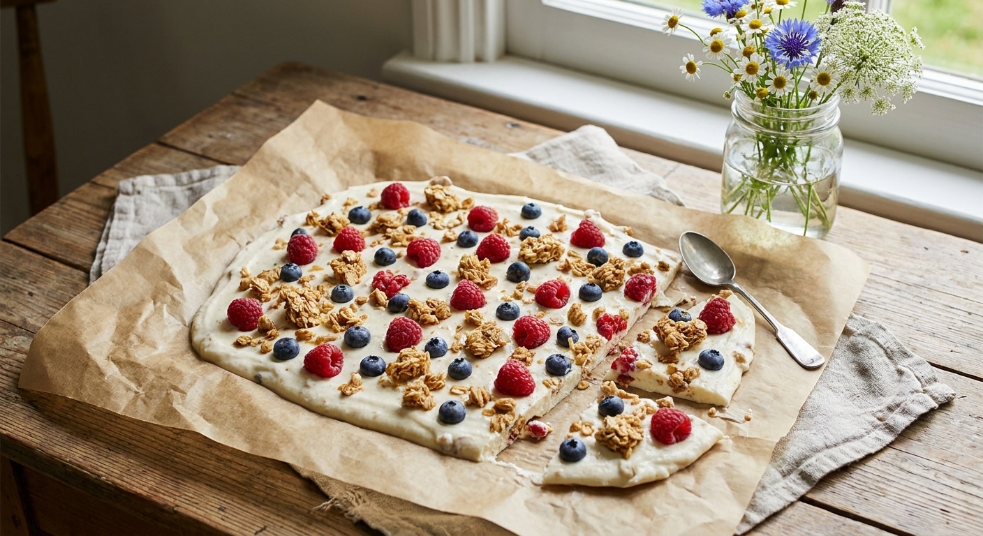 A sheet of frozen yogurt bark studded with berries and granola pieces on parchment paper