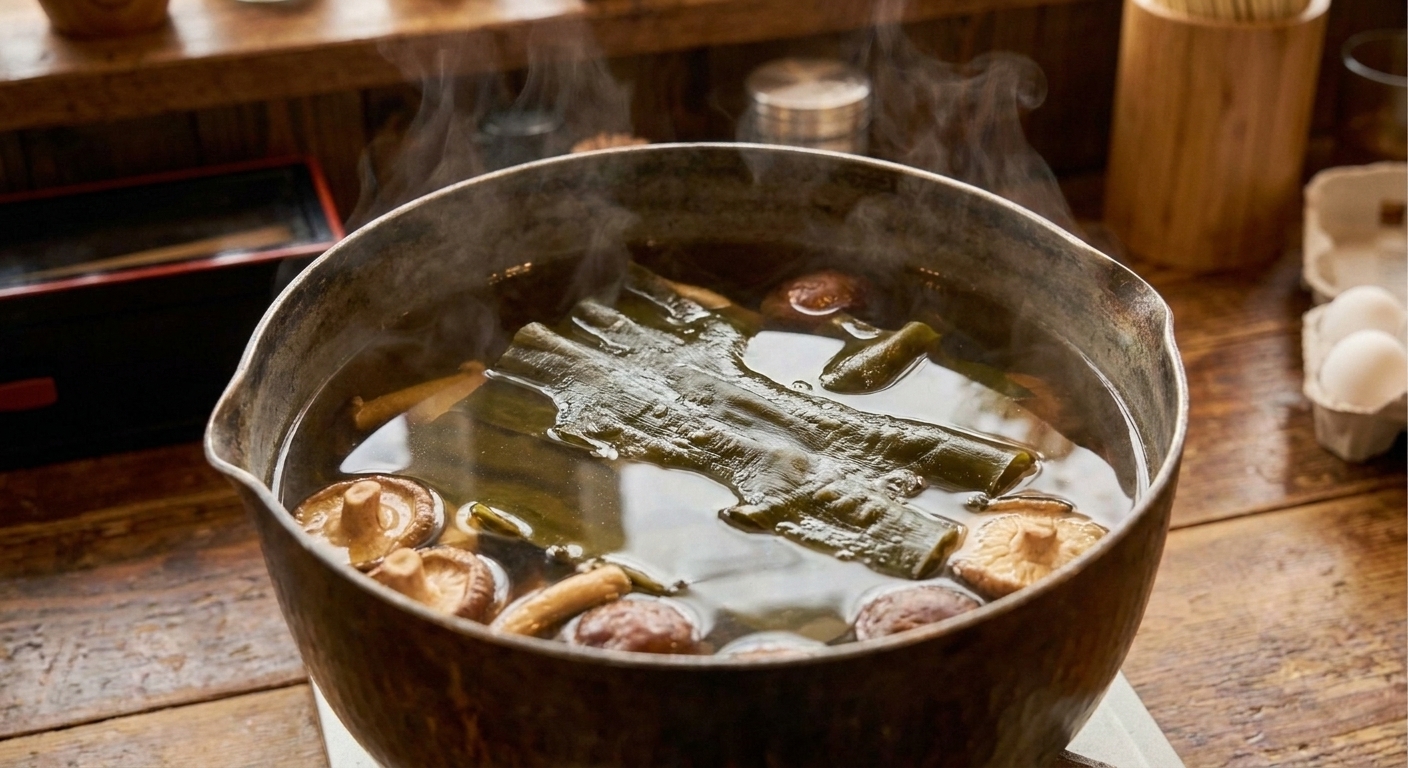 A sheet of kombu steeping in a pot of gently simmering broth with mushrooms visible beneath the surface