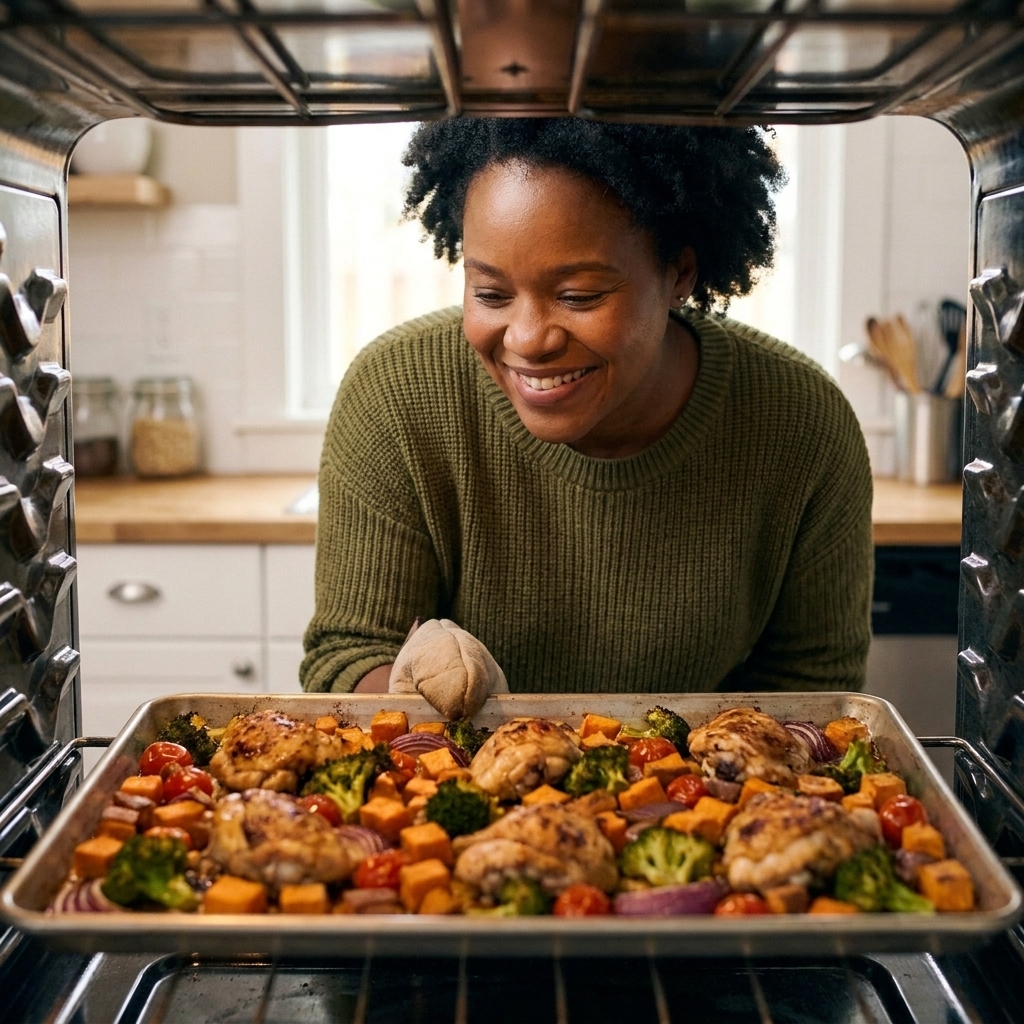 A sheet pan in an oven filled with chicken pieces and mixed vegetables roasting until browned