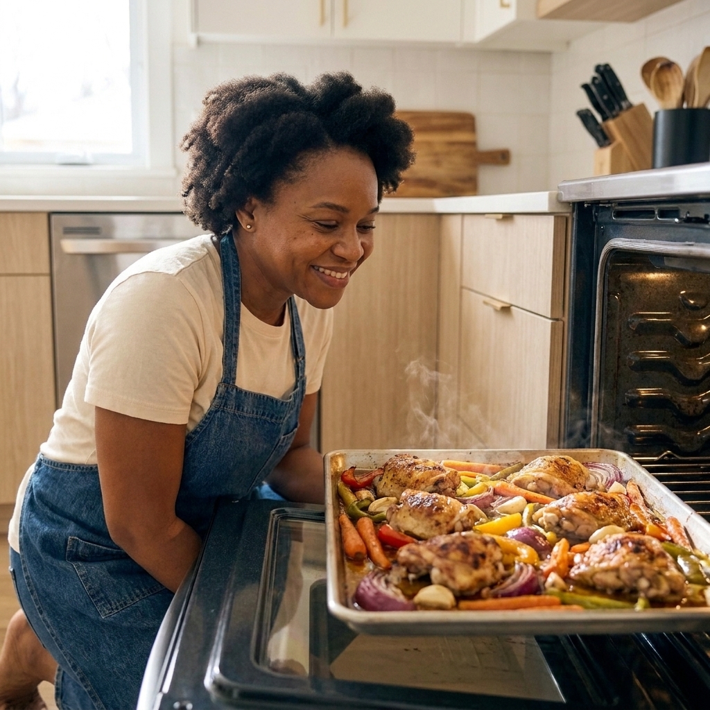 A sheet pan in the oven with roasted chicken thighs and colorful vegetables caramelizing around them