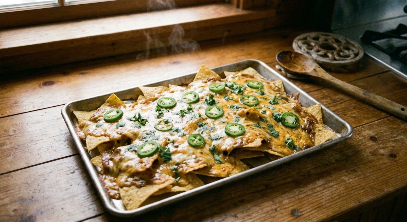 A sheet pan of nachos topped with smoky spicy cheese sauce, sliced jalapeños, and chopped cilantro on a wooden table