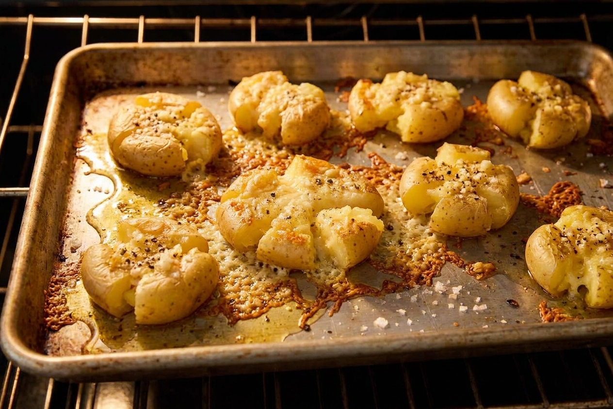 A sheet pan of smashed potatoes mid-roast, with melted Parmesan bubbling and turning golden around the edges