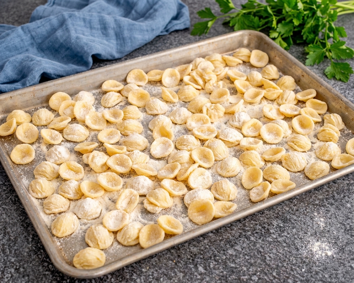 A sheet pan with uncooked fresh orecchiette pasta lightly dusted with flour in a home kitchen