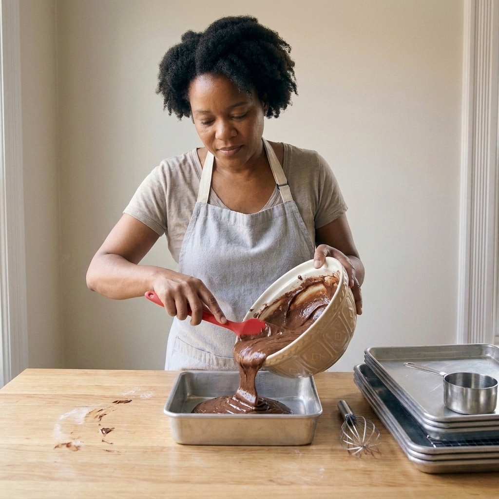 A silicone spatula scraping thick chocolate batter from a mixing bowl into a square baking pan