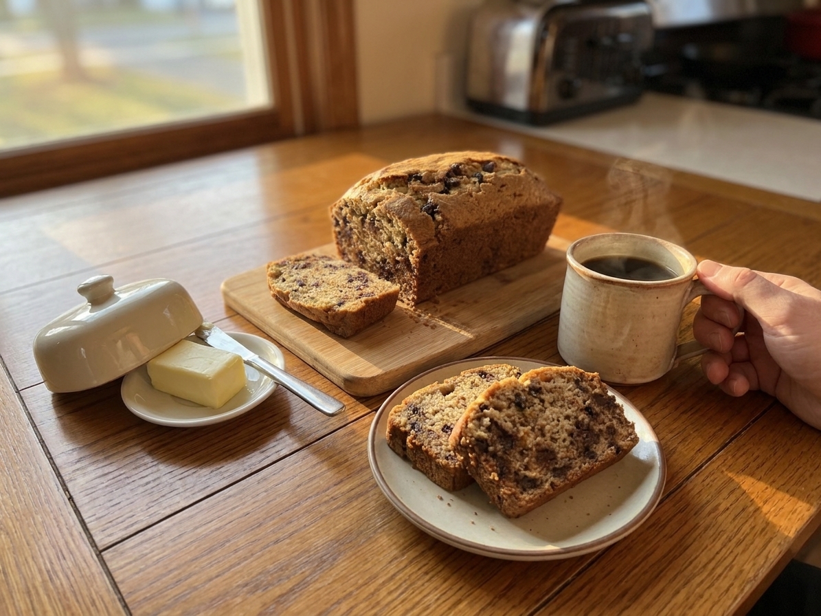 A simple breakfast table setting with a loaf of banana bread, a small butter dish, and a mug of coffee in morning light